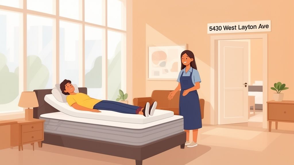 A smiling man lies on an adjustable bed with a mattress topper as a woman in an apron gestures.