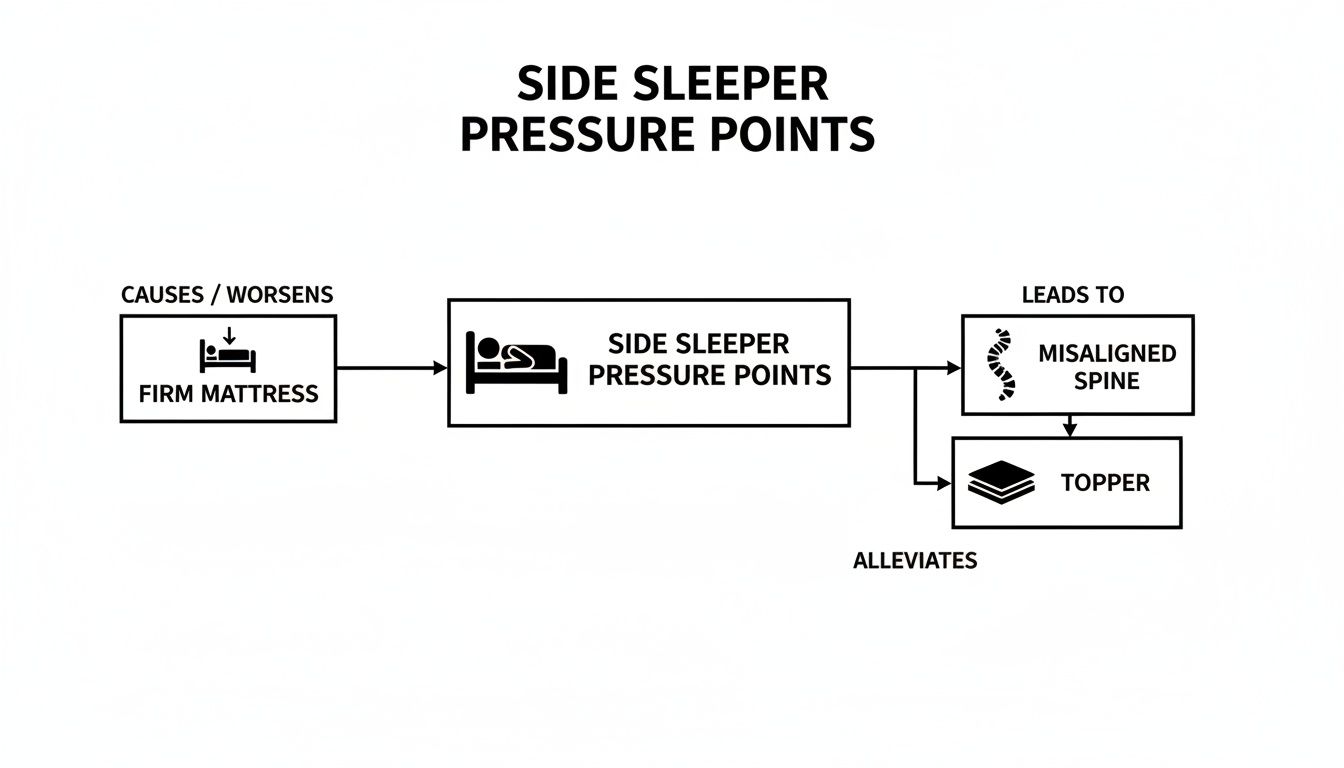 Flowchart explaining side sleeper pressure points, caused by firm mattresses, and how mattress toppers provide relief.