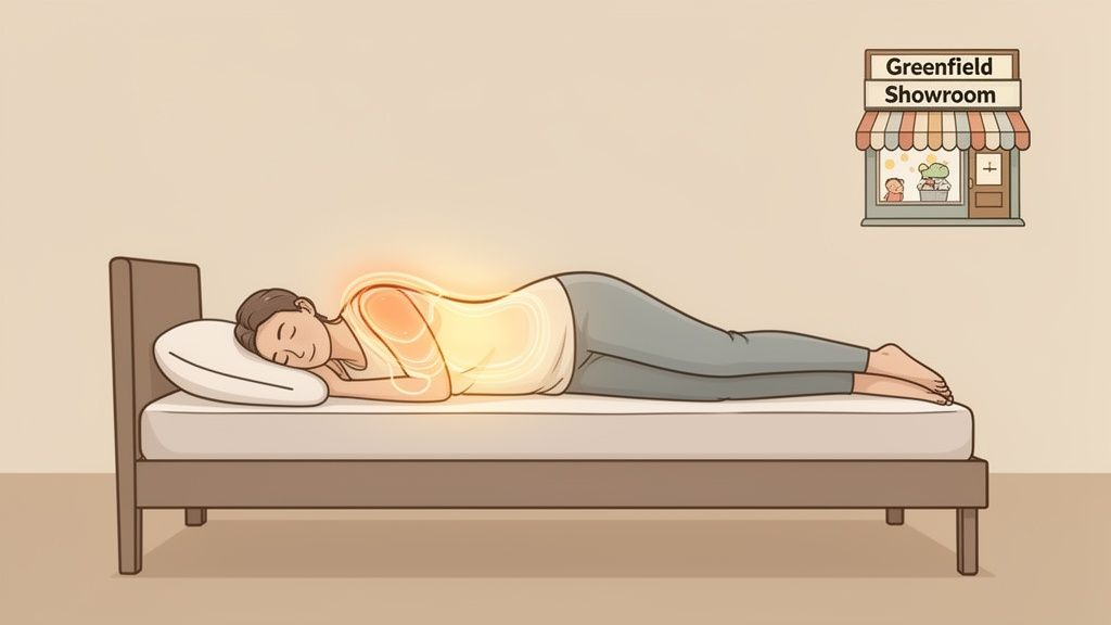 A person sleeps peacefully on their side in bed, with a warm glow around their body.