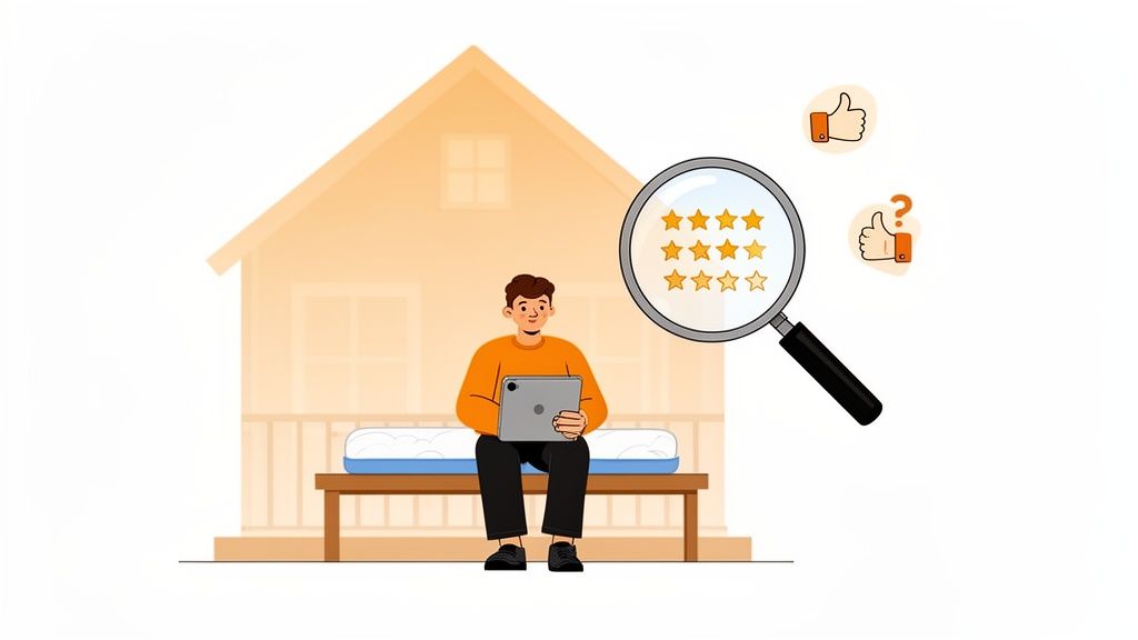 A man reviews mattress ratings on a tablet, with a magnifying glass showing stars and feedback icons.
