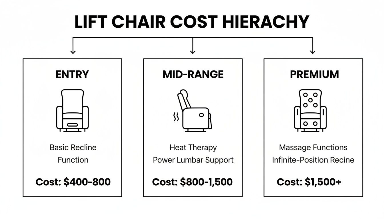 An infographic showing the cost hierarchy of lift chairs, from entry-level to premium with features and price ranges.
