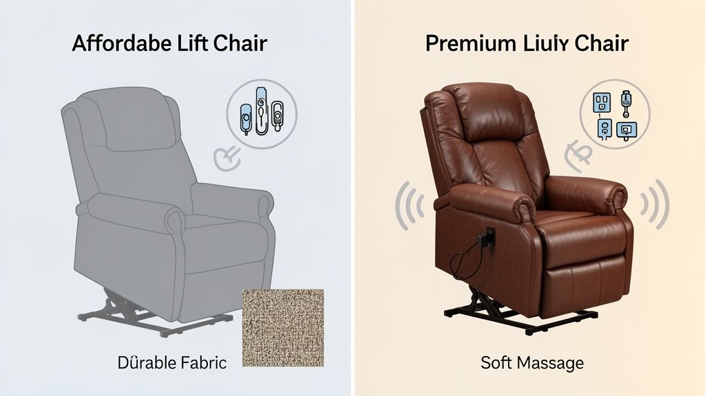 A comparison image showing an affordable lift chair with durable fabric on the left and a premium Liuly chair with soft massage on the right.