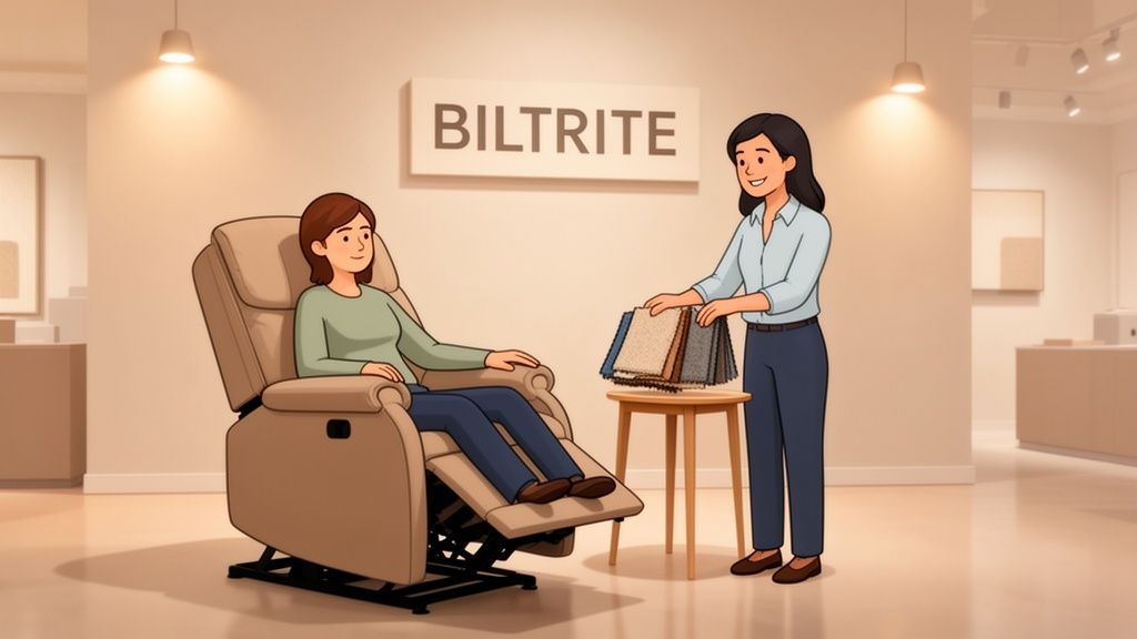 Two women in a Biltrite store; one sits in a recliner chair, the other shows fabric samples.