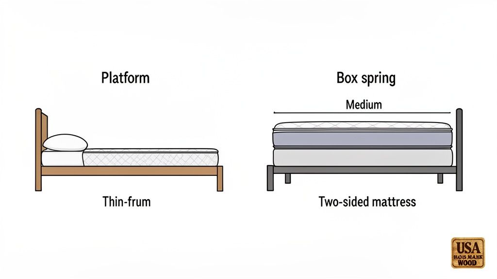 Diagram comparing a platform bed with a thin mattress to a box spring bed with a two-sided mattress.