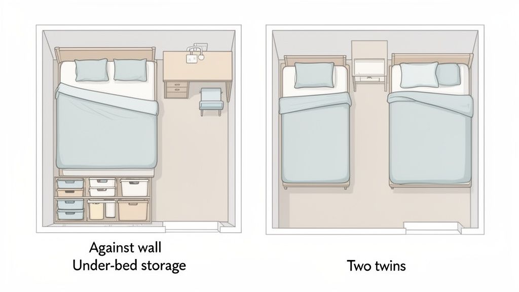 Top-down view of two bedroom layouts: one with a bed, desk, and under-bed storage, and another with two twin beds.