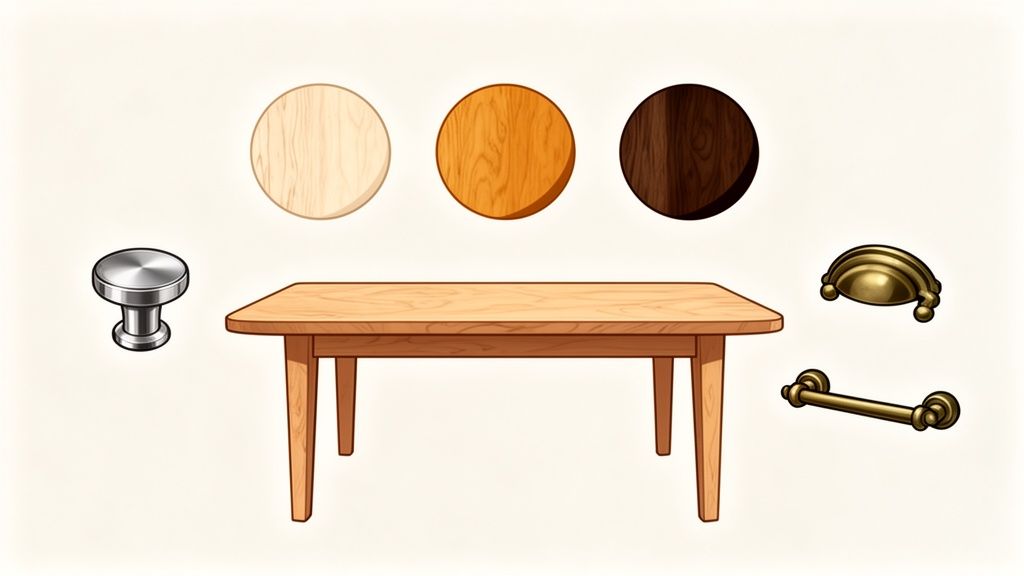 Furniture design elements: a wooden table, three wood samples, a silver knob, and two brass handles.