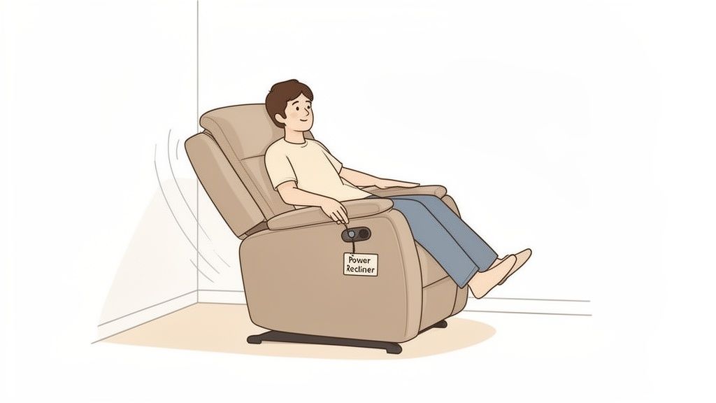 A person sitting in a power recliner chair, adjusting its position with controls on the armrest.