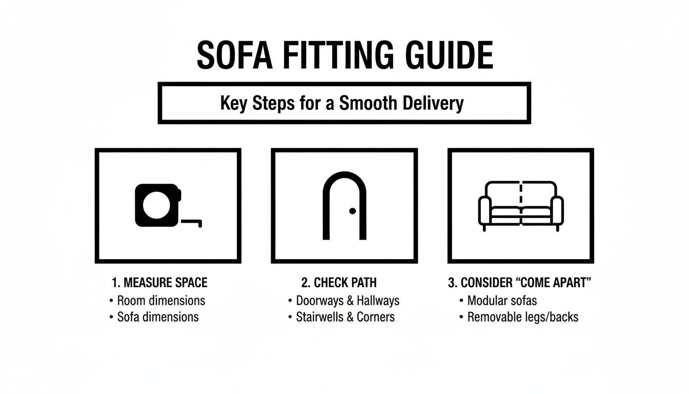 Sofa fitting guide showing steps for smooth delivery: measure space, check path, and consider modular designs.