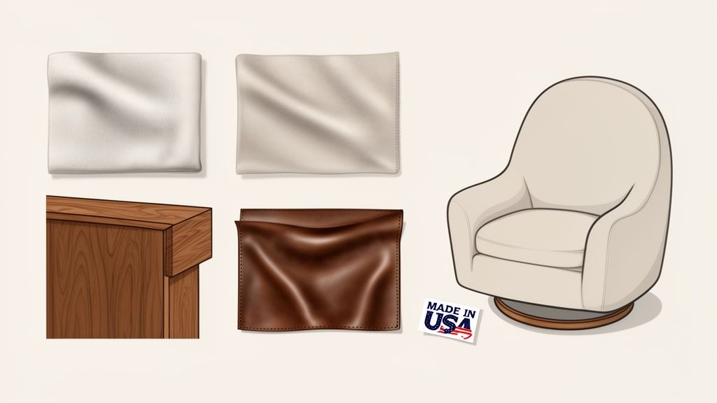 Various material swatches including fabric and leather, a wooden furniture piece, and an off-white swivel glider chair.