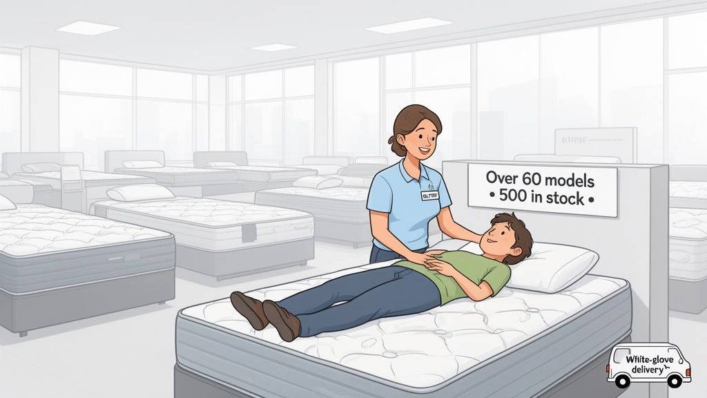 A customer tests a mattress with a sales associate's help in a well-stocked showroom.