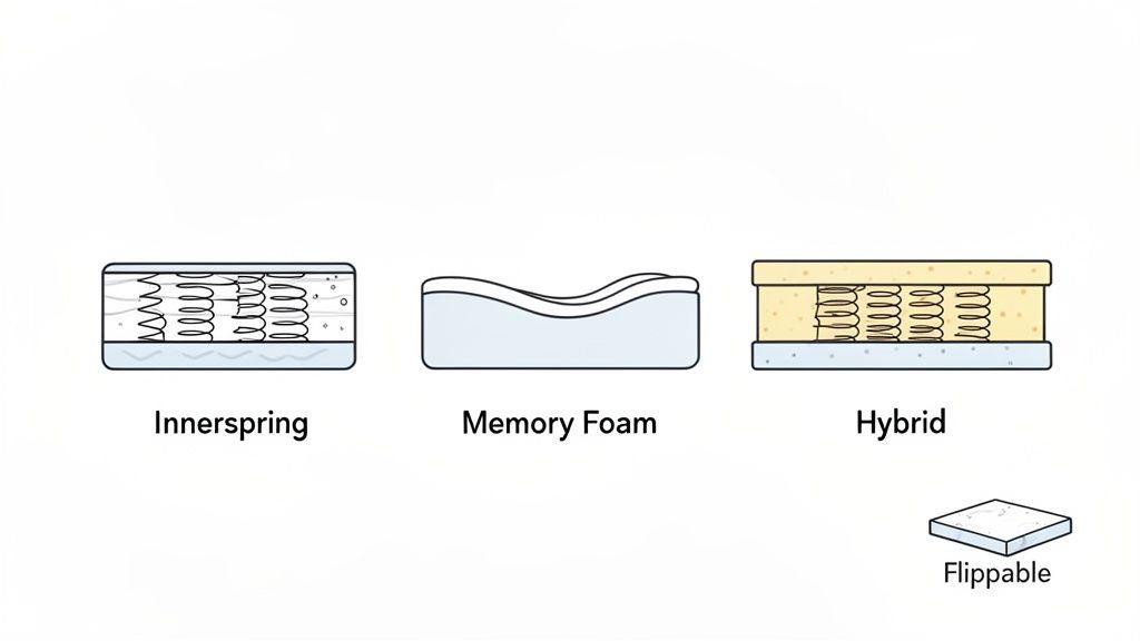Diagrams showing internal structures of innerspring, memory foam, and hybrid mattresses, including a flippable option.
