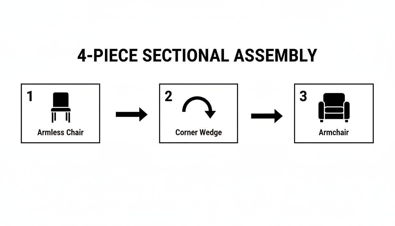 Diagram illustrating the assembly steps for a 4-piece sectional sofa, showing armless chair, corner wedge, and armchair.
