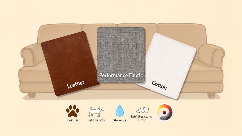 A beige sofa displayed with three fabric swatches: brown leather, grey performance fabric, and white cotton.