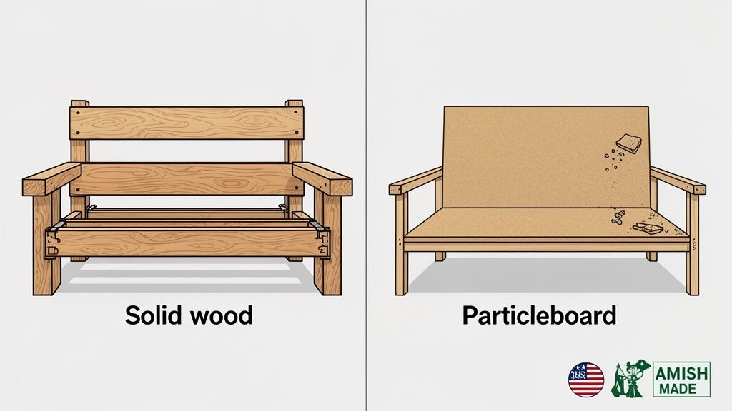 Side-by-side comparison of two sofa frames: one made of solid wood and the other of particleboard.
