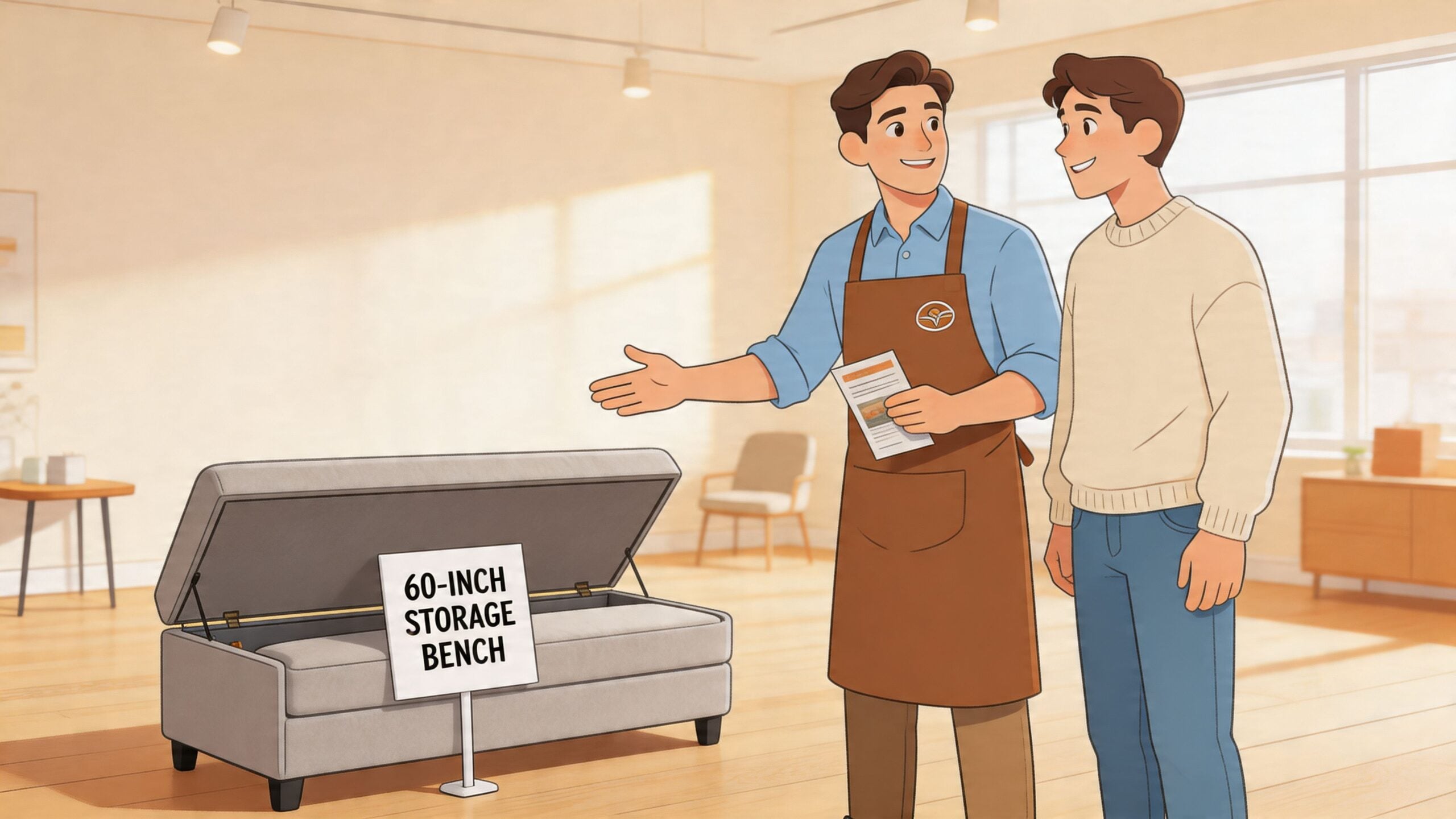 A friendly furniture store associate shows a gray 60-inch storage bench to a potential customer in showroom.