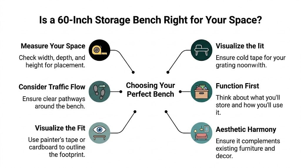 An infographic titled Is a 60-Inch Storage Bench Right for Your Space outlining six key planning tips.