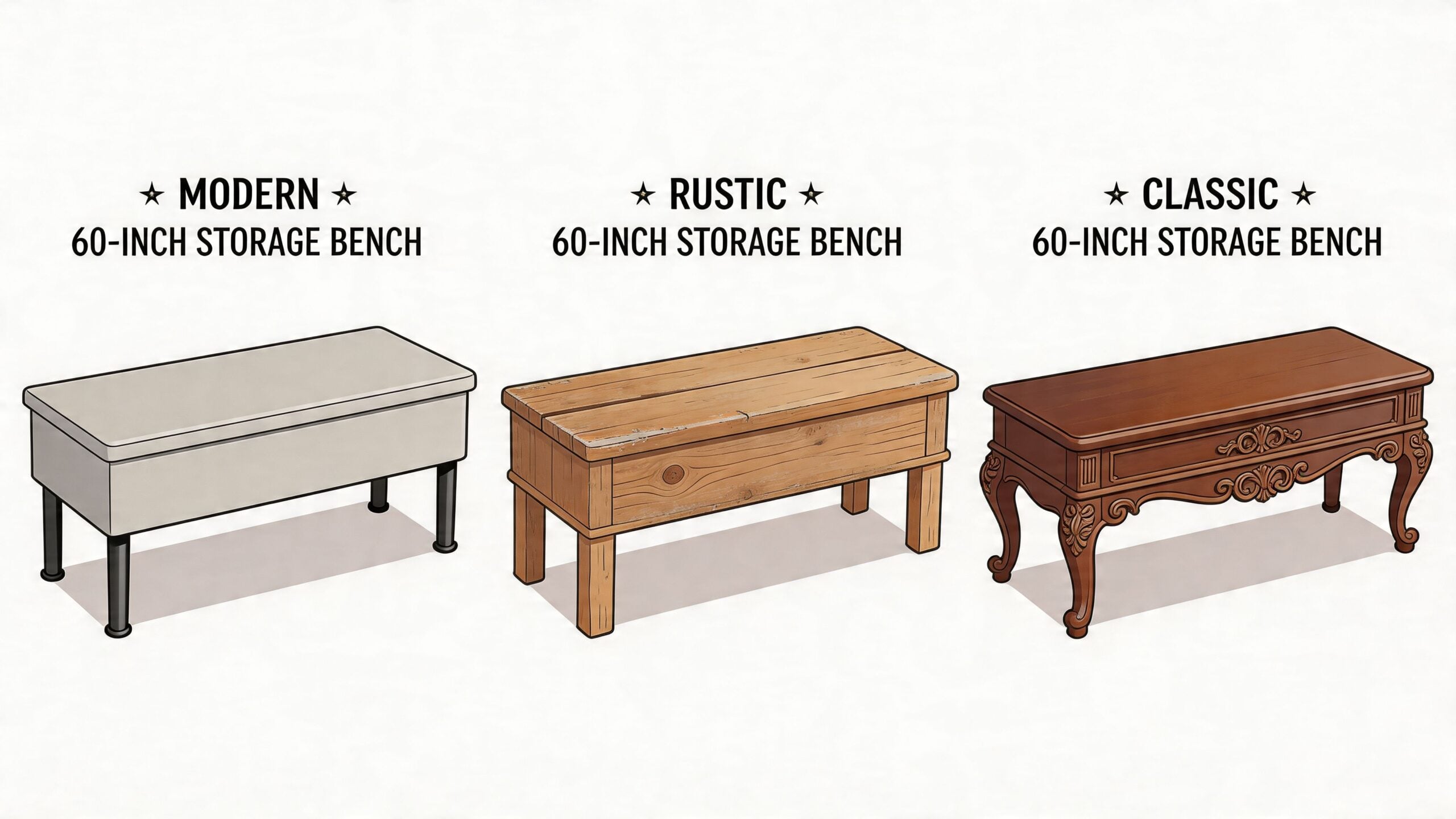 Three styles of 60-inch storage benches, including modern, rustic, and classic wooden designs for home interiors.