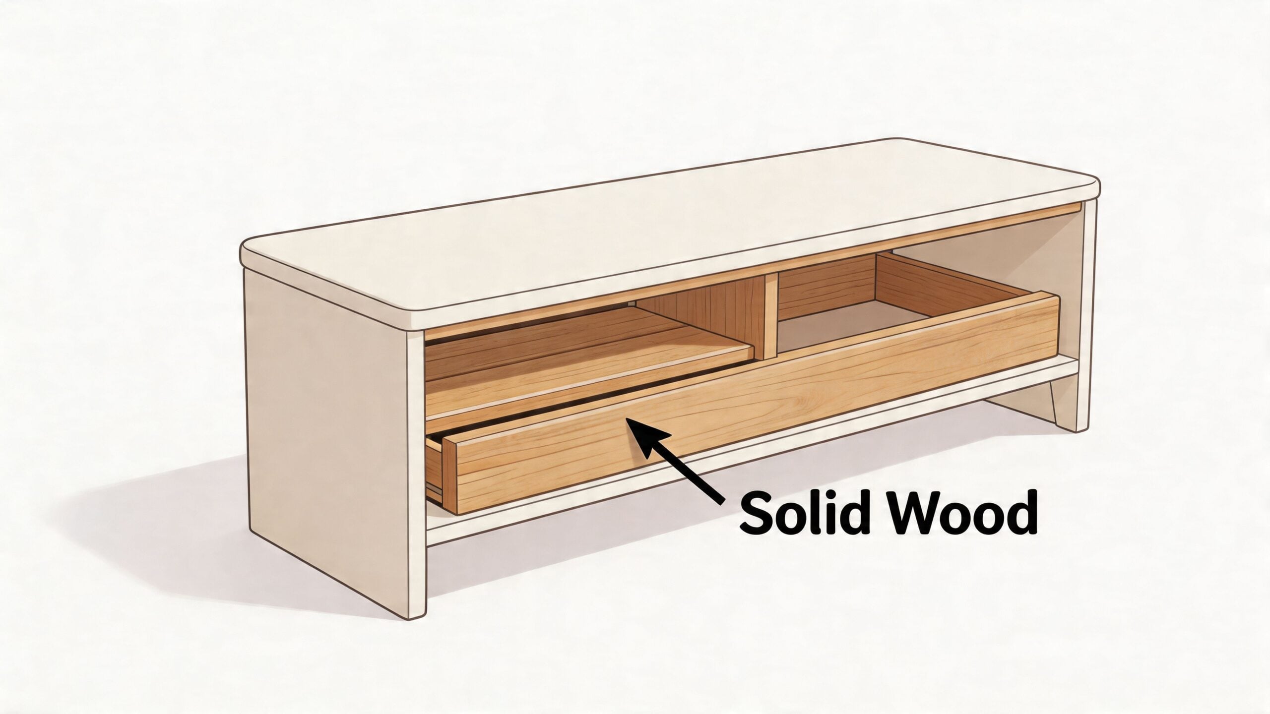 A modern storage bench featuring a solid wood drawer and an open shelf for organized storage solutions.