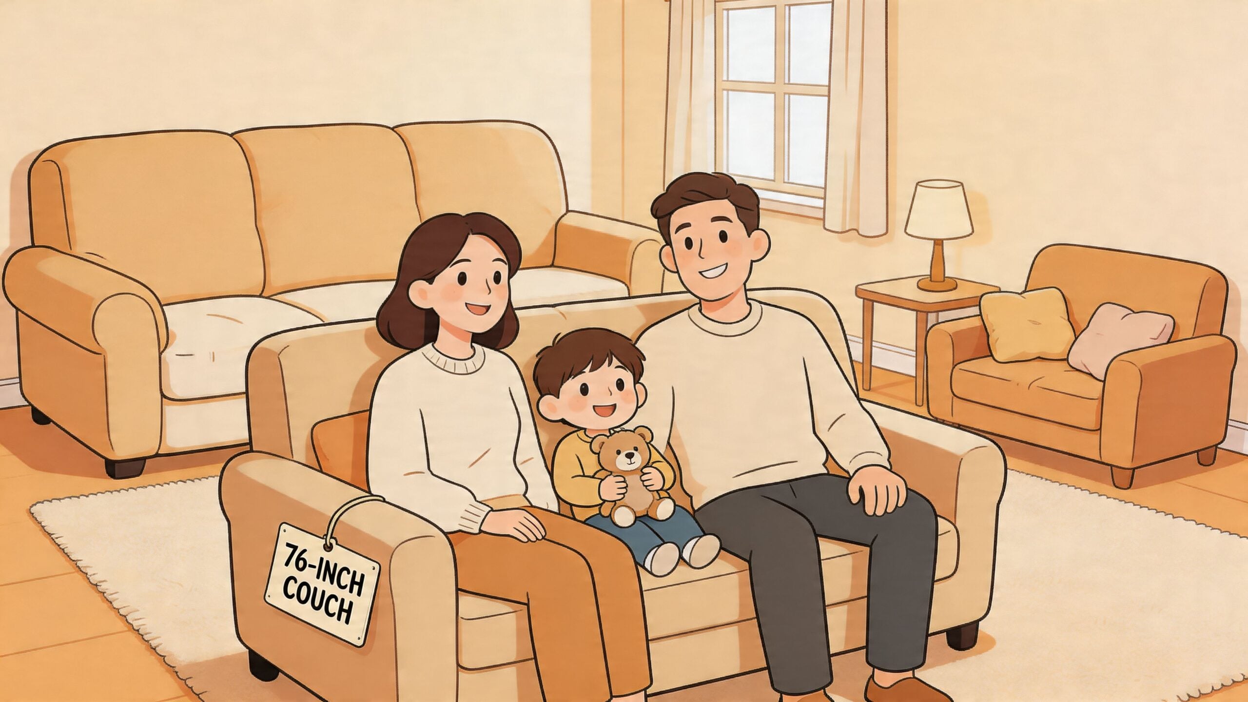 A happy family sitting on a 76-inch couch in a cozy, illustrated living room setting.