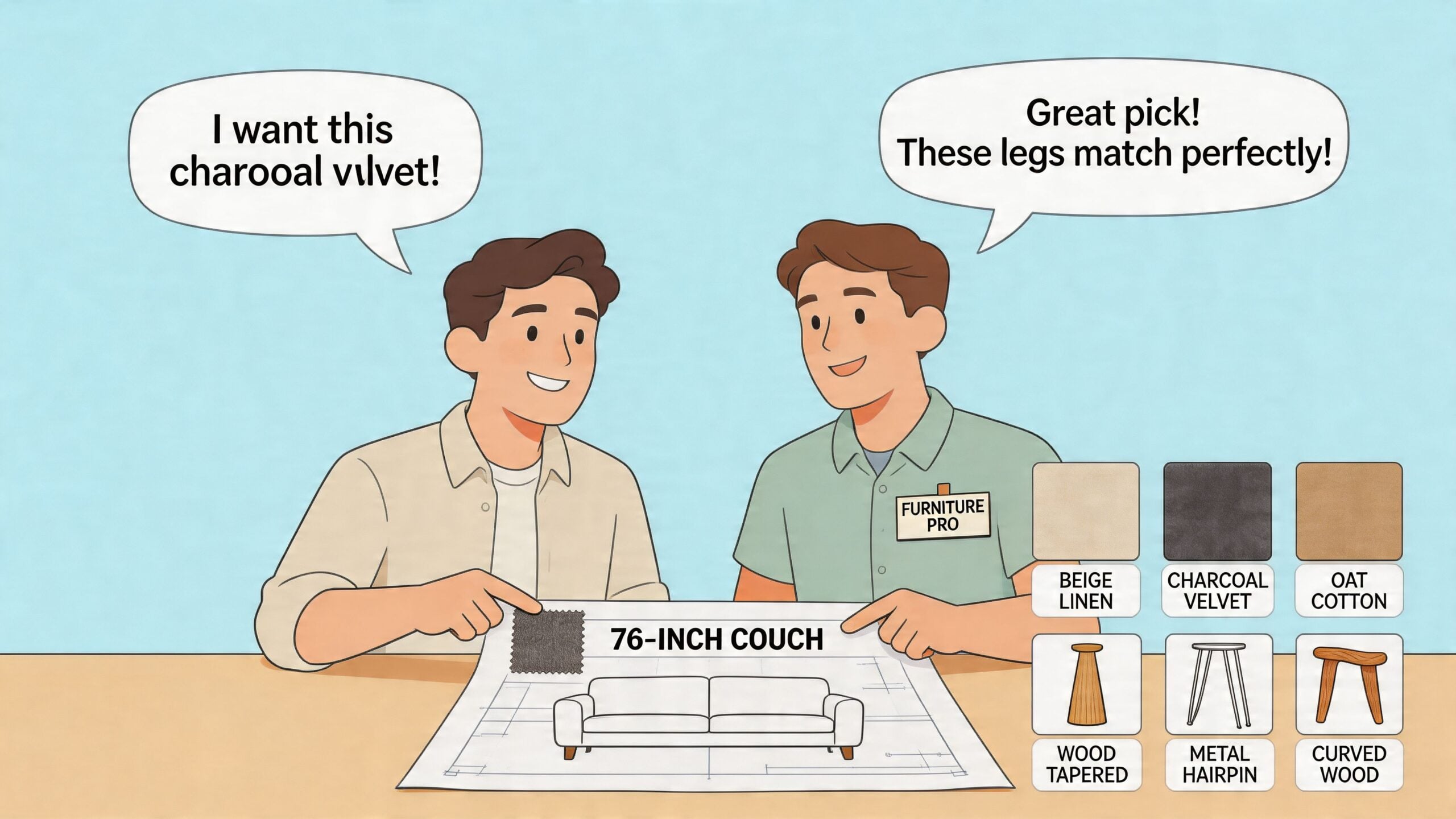 A furniture professional and a customer discussing charcoal velvet fabric and leg options for a 76-inch couch.