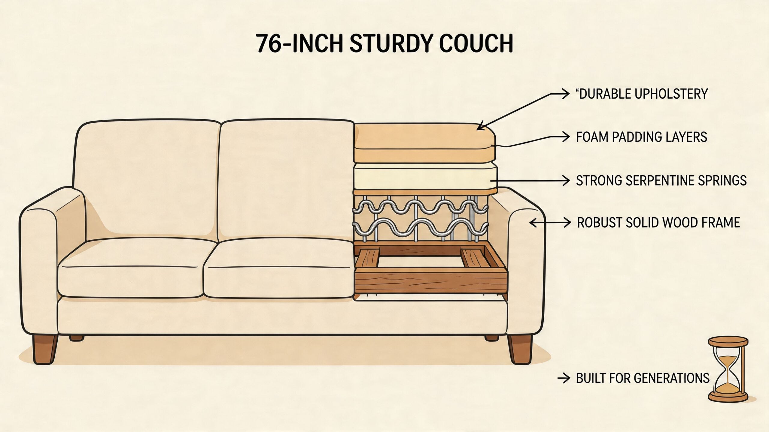 A diagram of a 76-inch sturdy couch illustrating its durable construction, foam padding, serpentine springs, and wood frame.