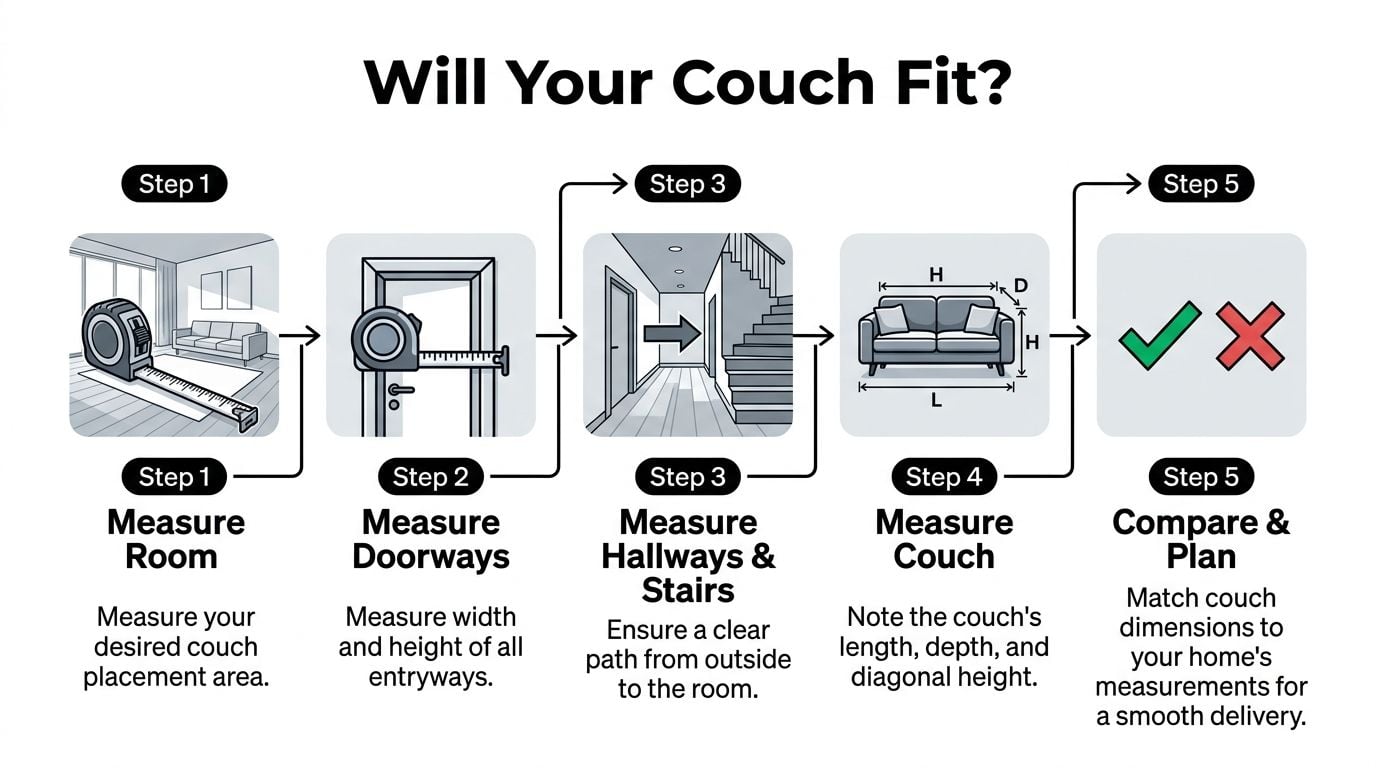 An infographic showing a five-step guide for measuring your home and couch to ensure proper delivery.