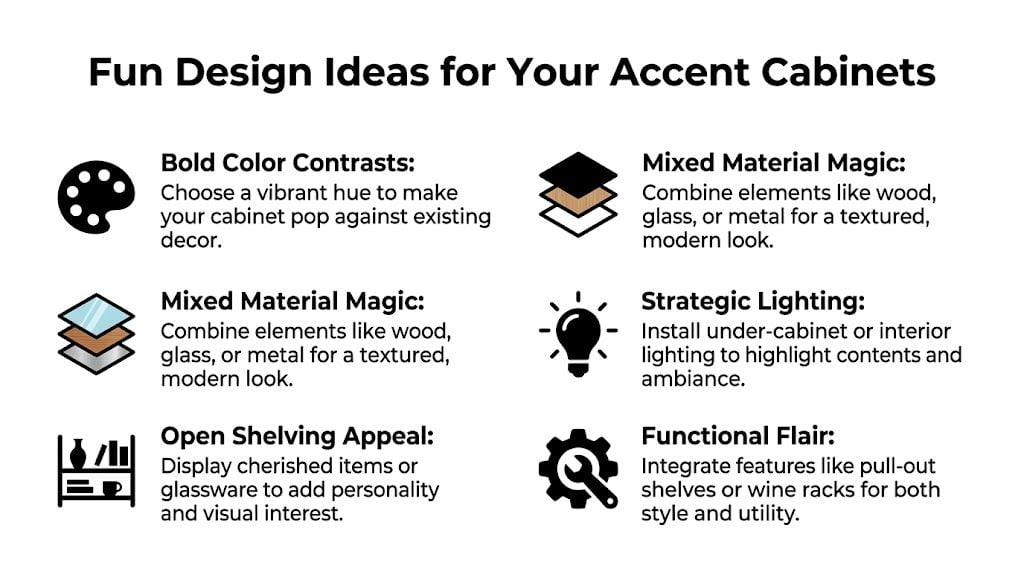 A graphic showing six fun design ideas for accent kitchen cabinets using icons and descriptive text.