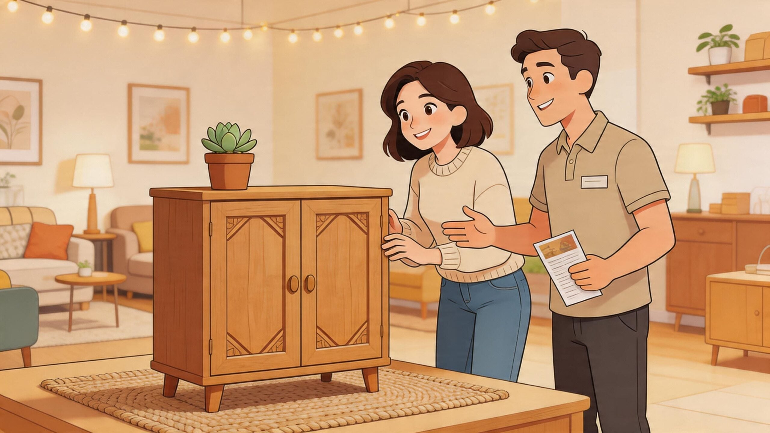 A store assistant showing a wooden cabinet to a female customer in a cozy home showroom.