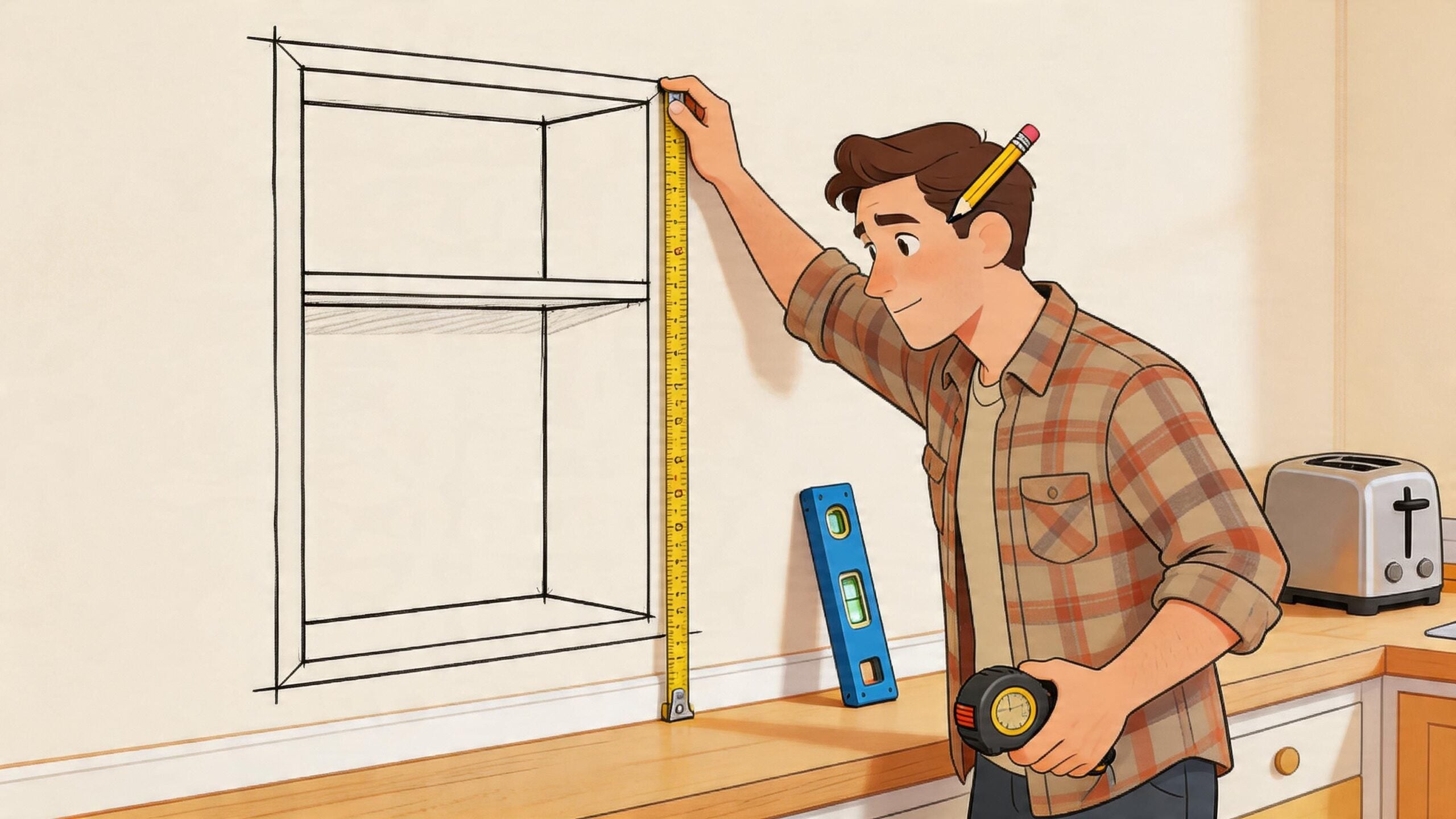 A young man holding a tape measure against a sketch of accent kitchen cabinets on a wall.
