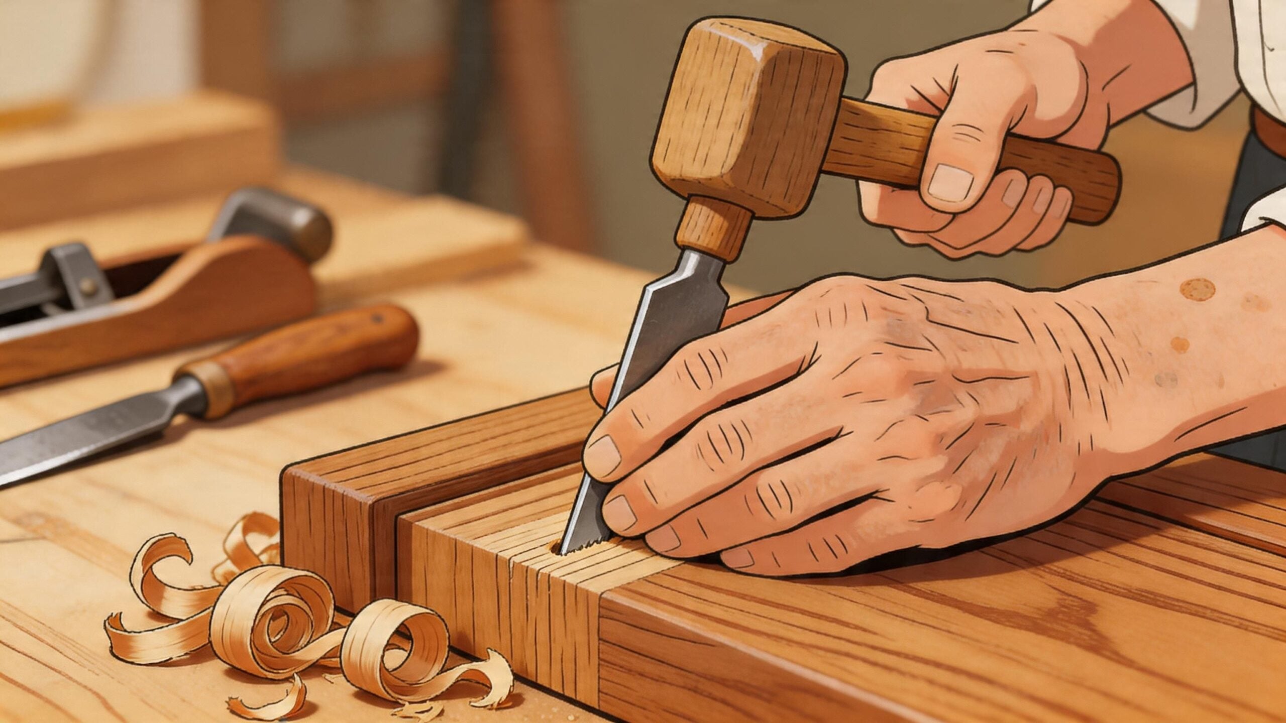 A skilled carpenter uses a wooden mallet and chisel to carve intricate details into a wooden plank.