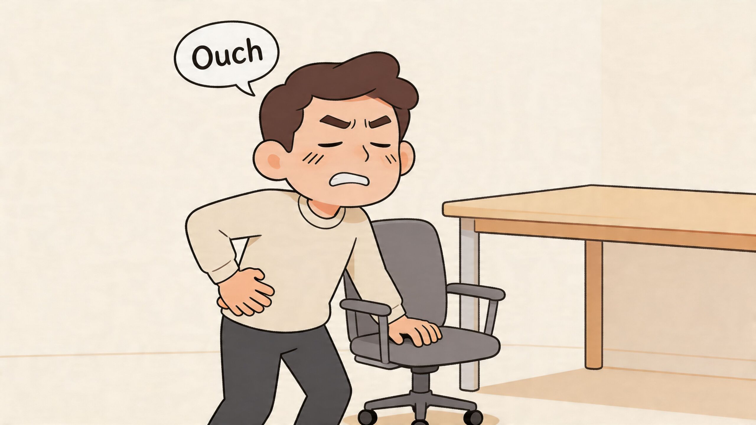 A man grimacing in pain while holding his lower back near his office desk chair.