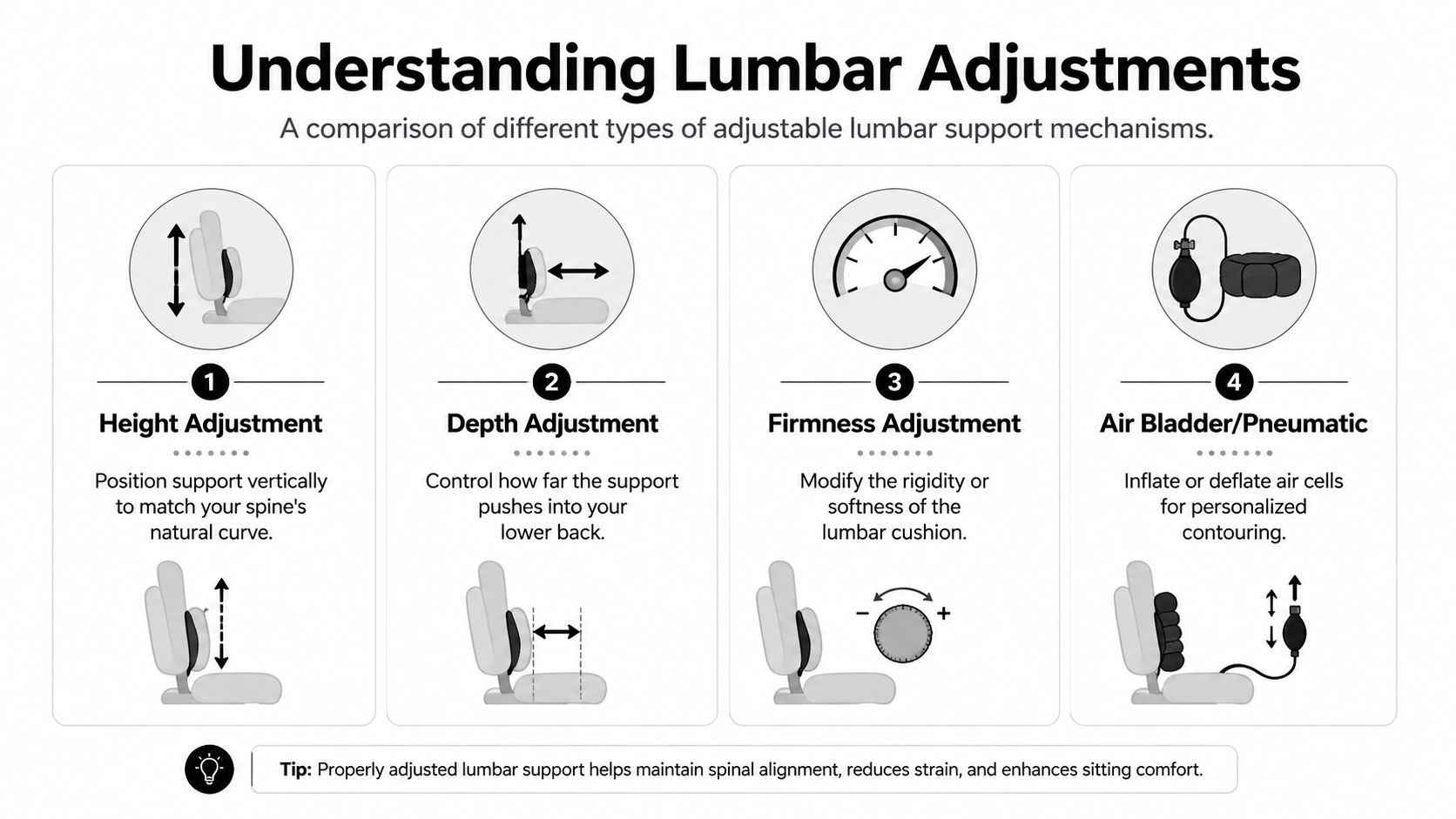An infographic showing four types of lumbar adjustments including height, depth, firmness, and pneumatic support mechanisms.