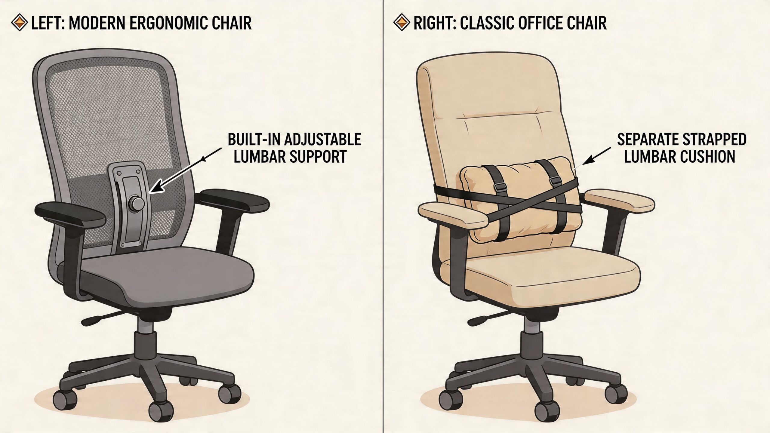 A comparative illustration showing a modern ergonomic chair with built-in lumbar support and a classic office chair.