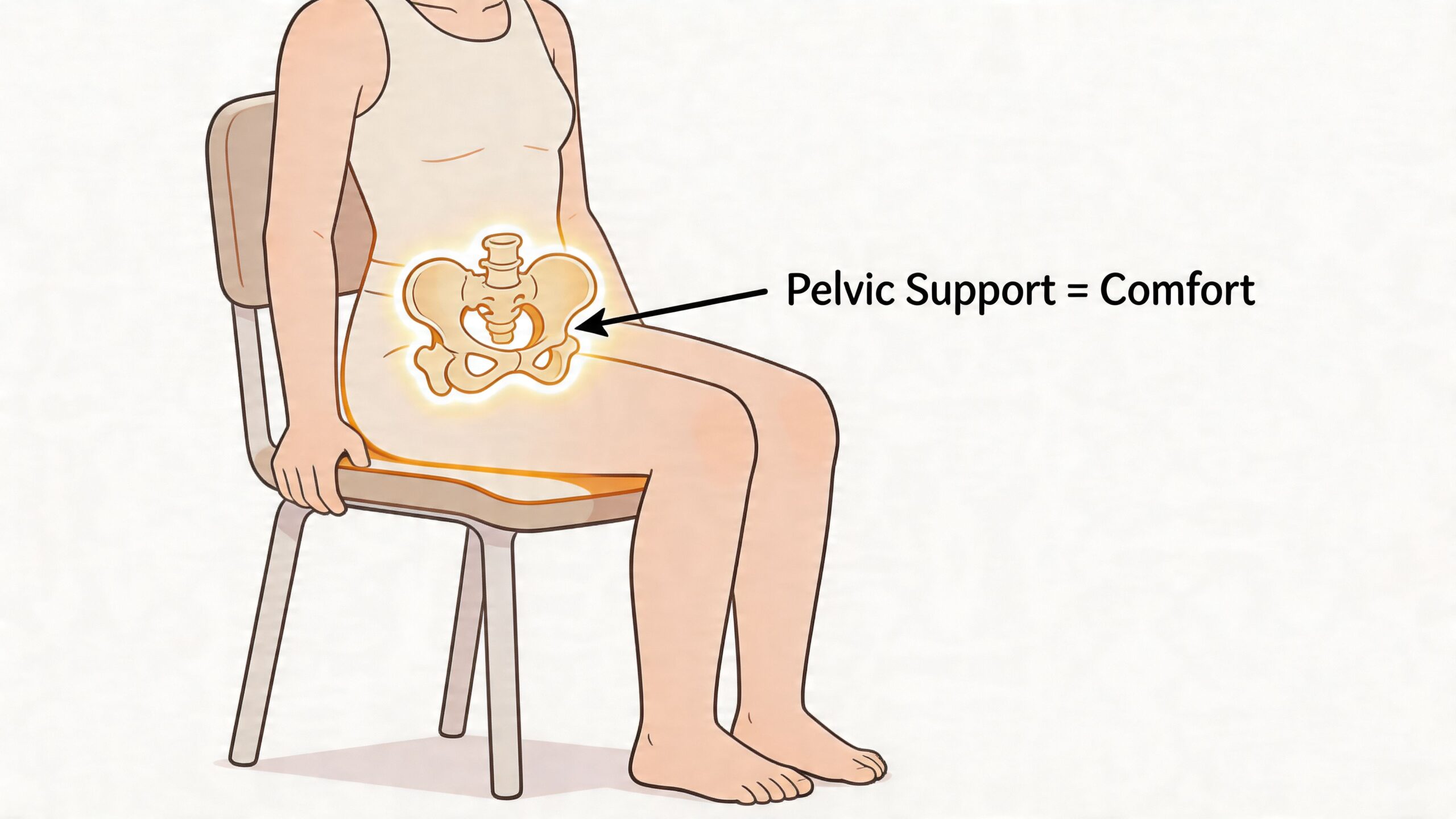 A diagram showing a person sitting on a chair with highlighted pelvic bone for proper support.