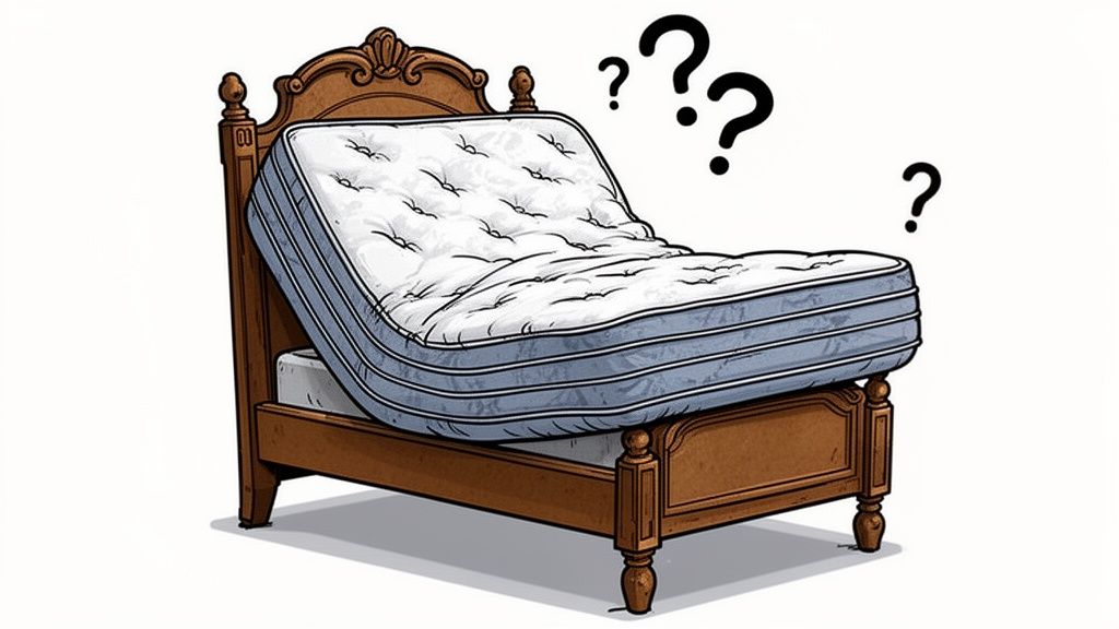 An illustration of an old wooden antique bed frame with a modern adjustable mattress floating above it.