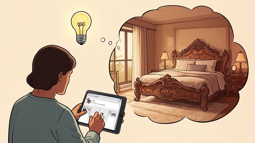 A person using a digital tablet to visualize an elegant antique bed frame design in a bedroom.