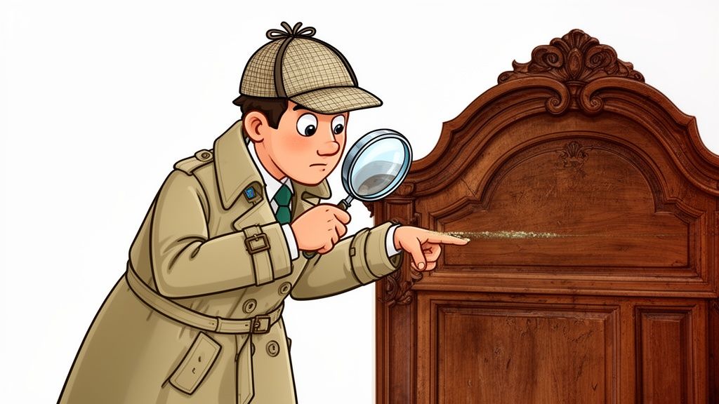 A cartoon detective wearing a trench coat and deerstalker hat inspecting dust on an antique wooden headboard.