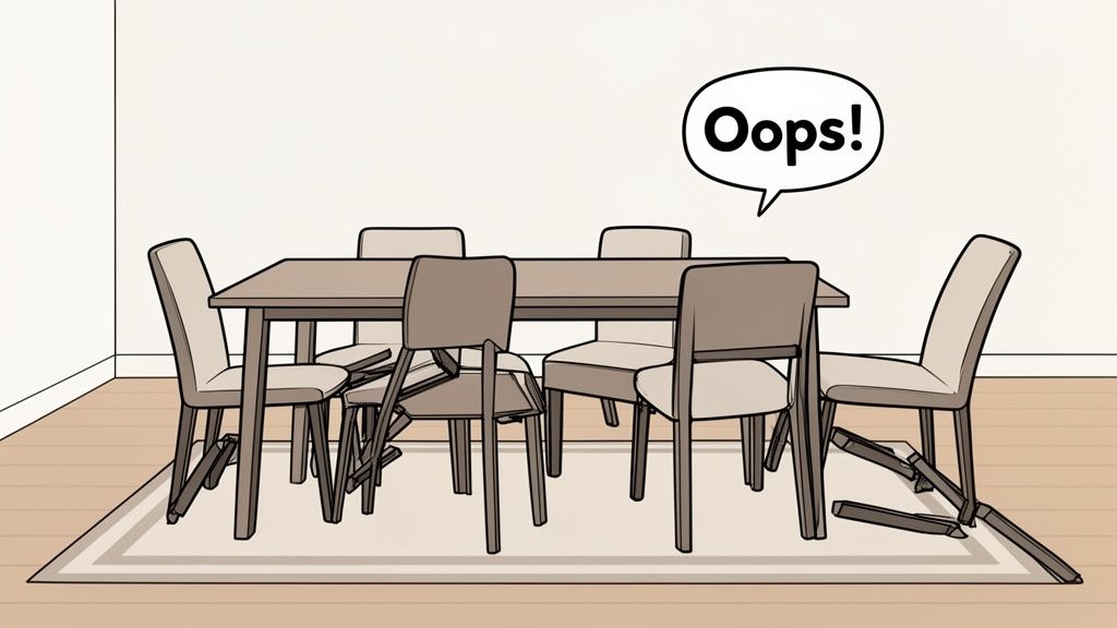 A dining table set with broken chairs scattered on an area rug in a minimalist room.
