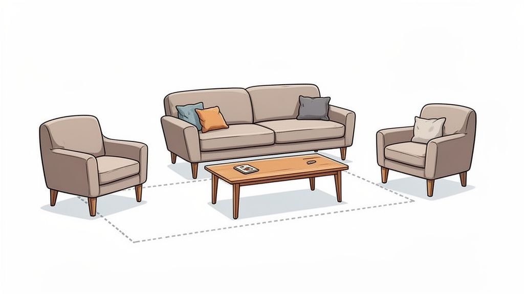 An illustration of a neutral-toned living room set including a sofa, two armchairs, and a wooden coffee table.
