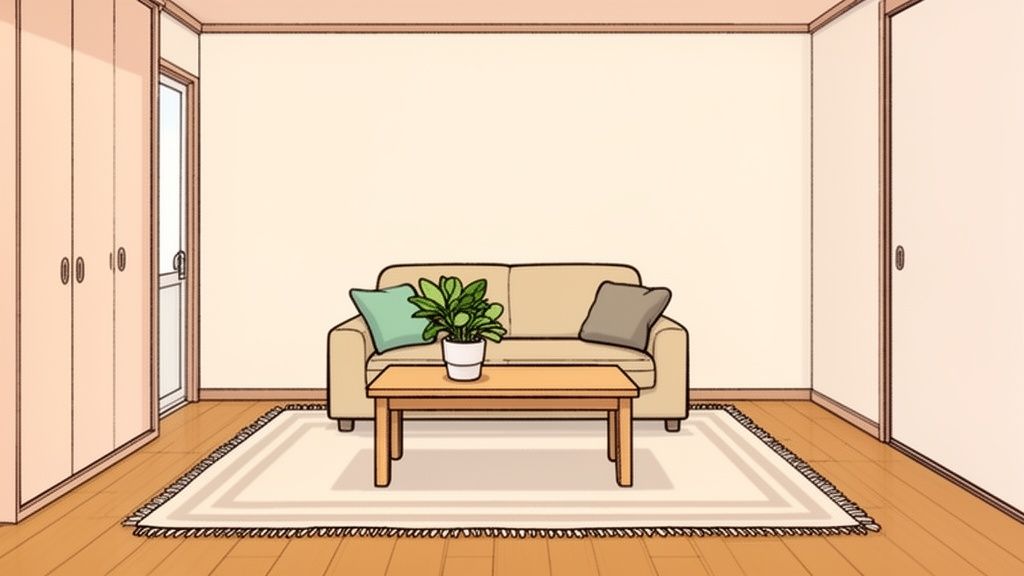 A cozy living room featuring a beige sofa, a coffee table with a plant, and an area rug.