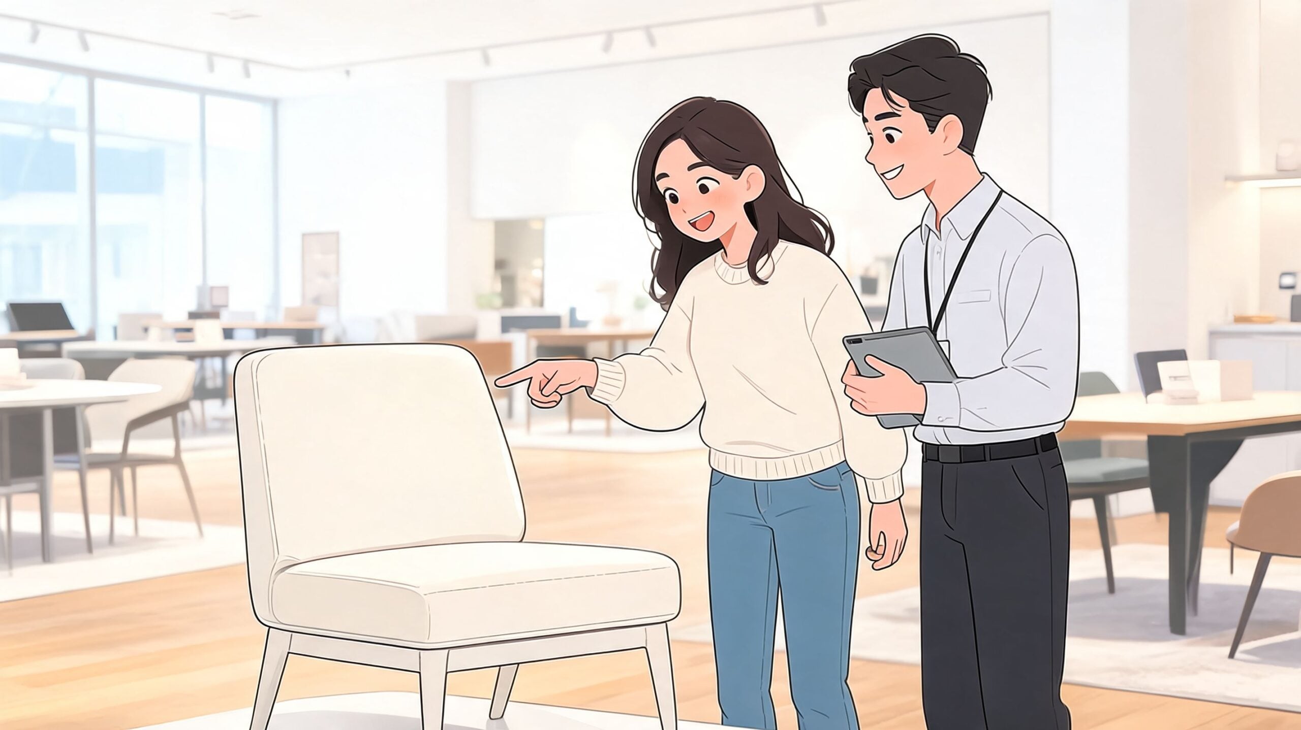 A female customer pointing at an armless living room chair while a sales assistant looks on.