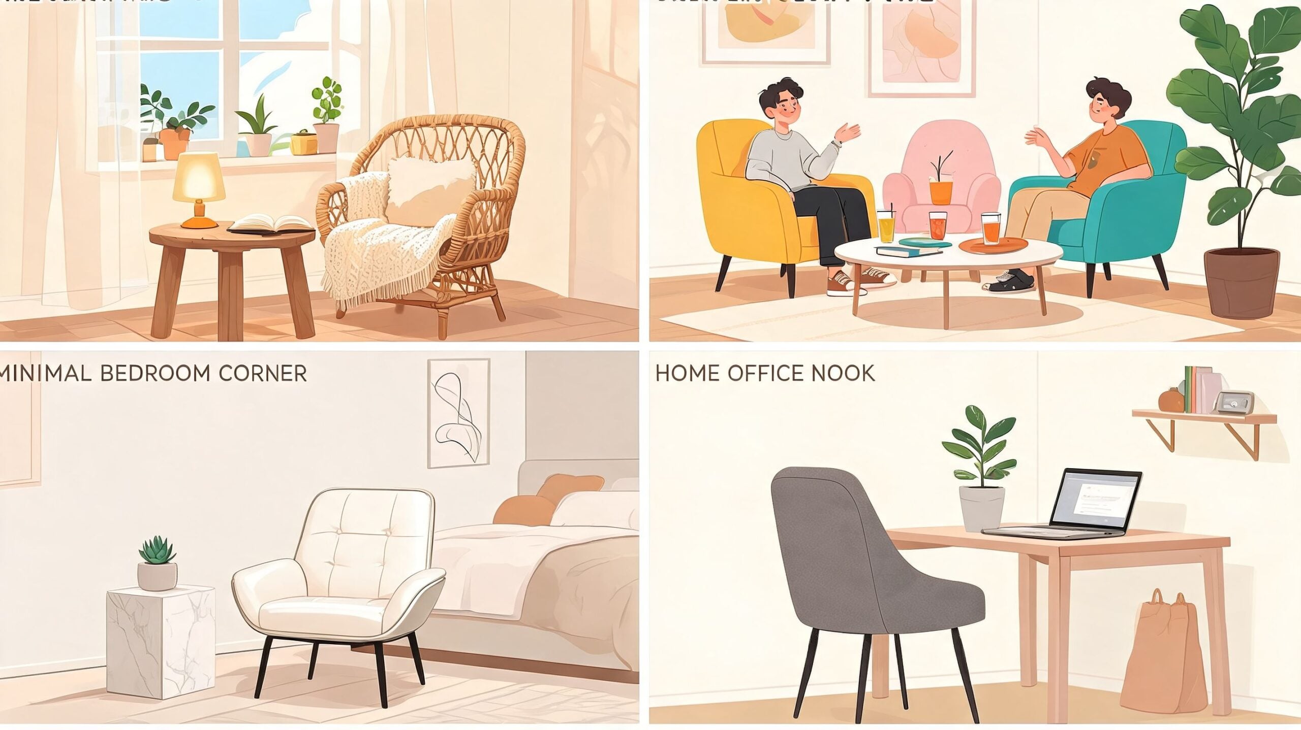A collage showing various interior design styles including cozy reading nooks, social lounge areas, and home workspaces.