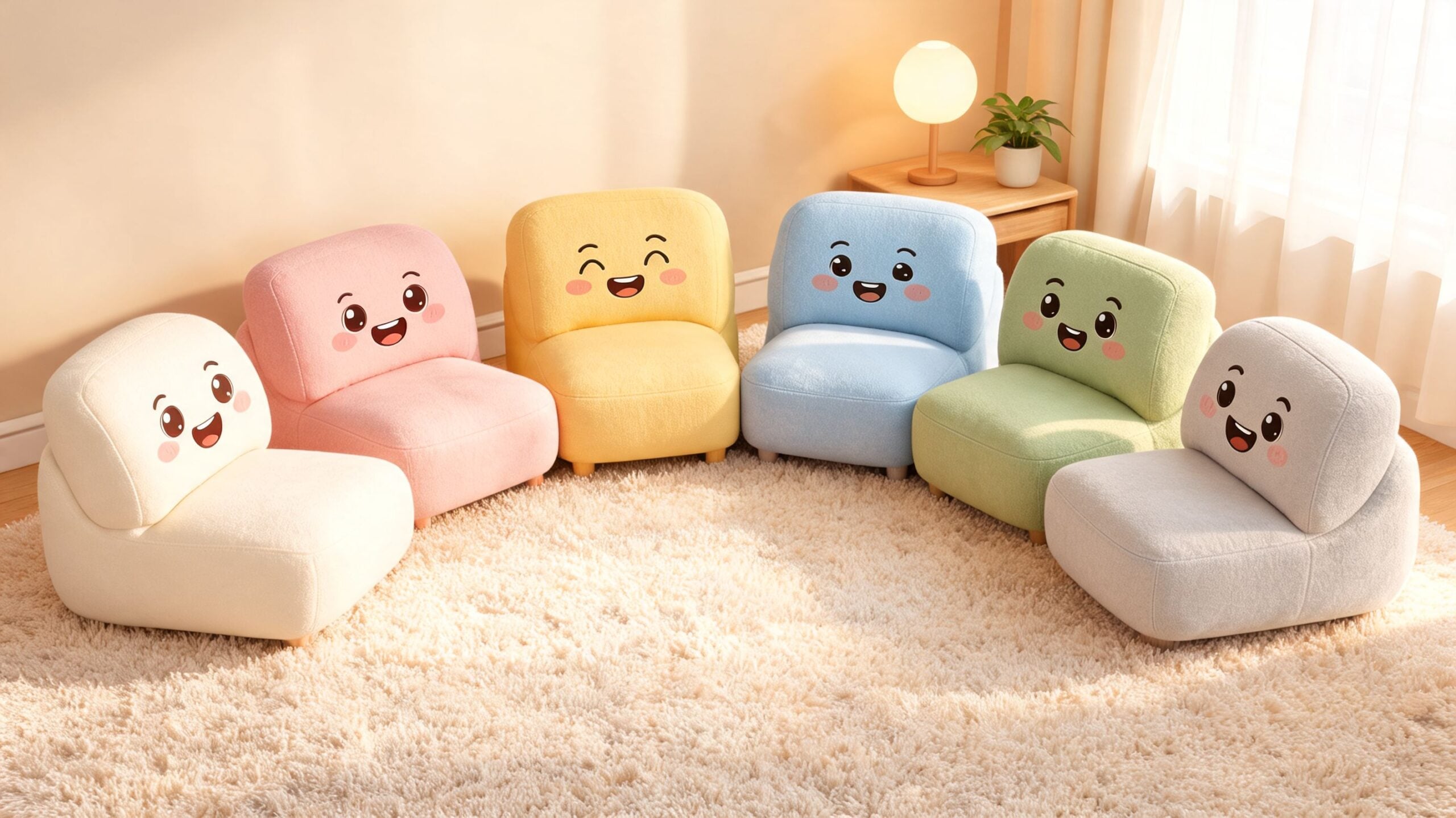 A semi-circle arrangement of six colorful, cute character-themed armless chairs for kids placed on a fluffy rug.