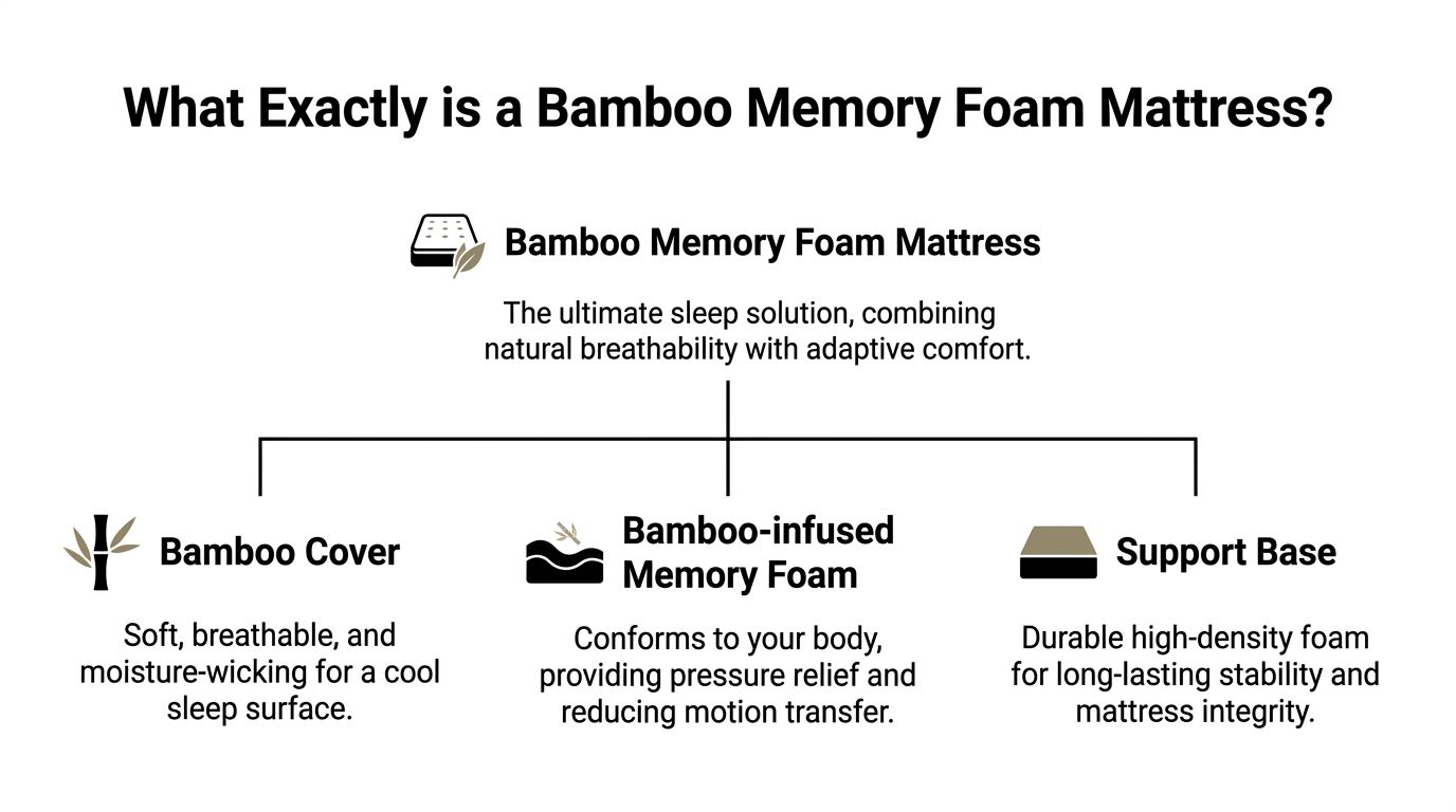An infographic detailing the three main components of a bamboo memory foam mattress for better sleep.