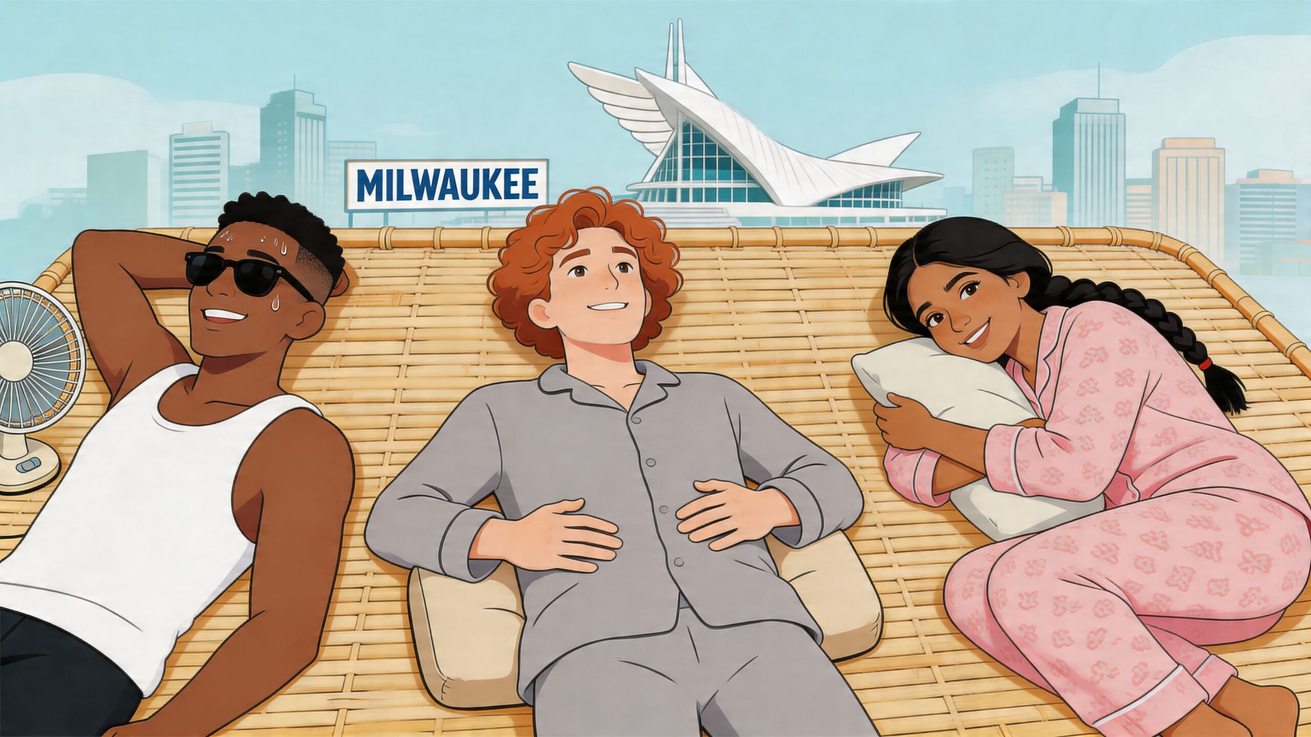 Three diverse young people relaxing comfortably together on a bamboo memory foam mattress under a sunny sky.