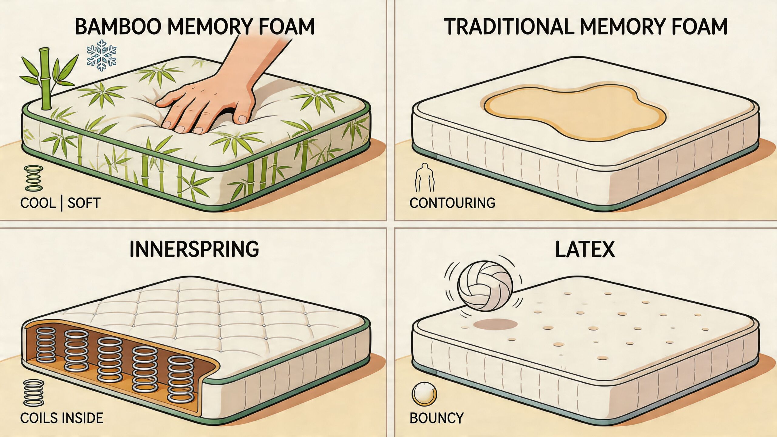A four-part infographic displaying mattress types including bamboo memory foam, traditional foam, innerspring, and latex models.