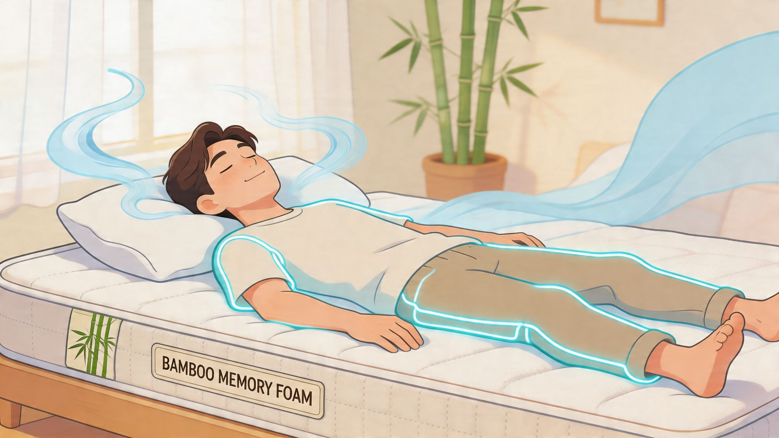 A relaxed man sleeping soundly on a bamboo memory foam mattress with cool air currents flowing around him.