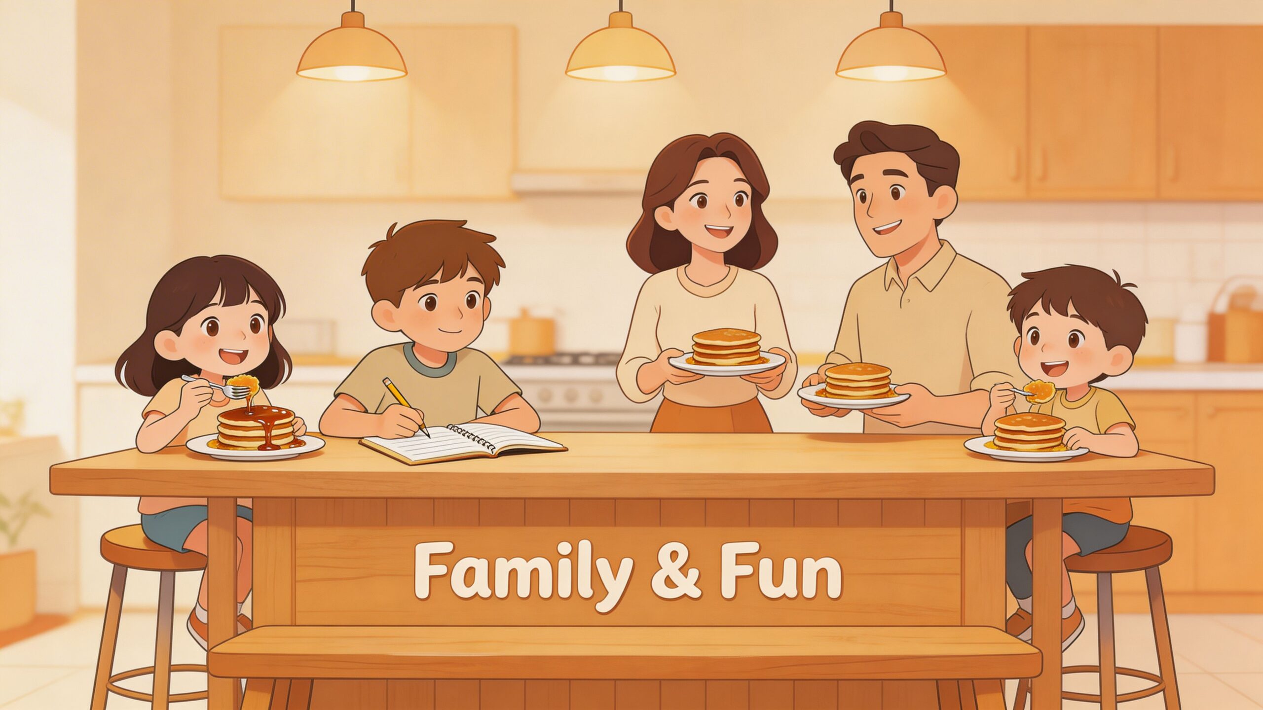 A cartoon illustration of a happy family eating pancakes at a wooden kitchen island with benches.