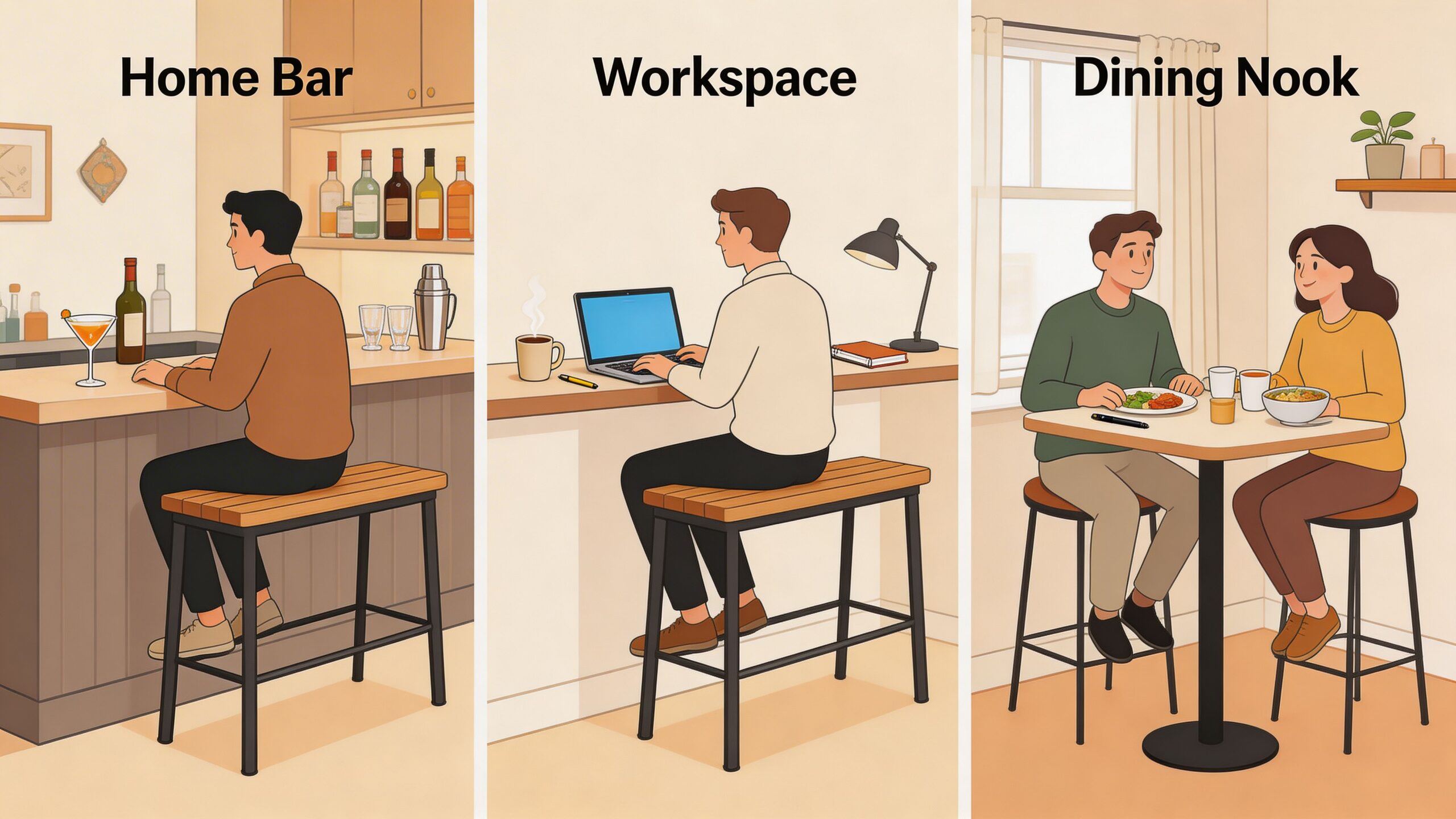 A three-panel illustration showing a versatile bar height bench used in a home bar, workspace, and dining nook.