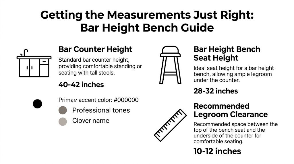 An infographic illustrating standard measurements for bar height benches, counter heights, and recommended legroom clearance dimensions.